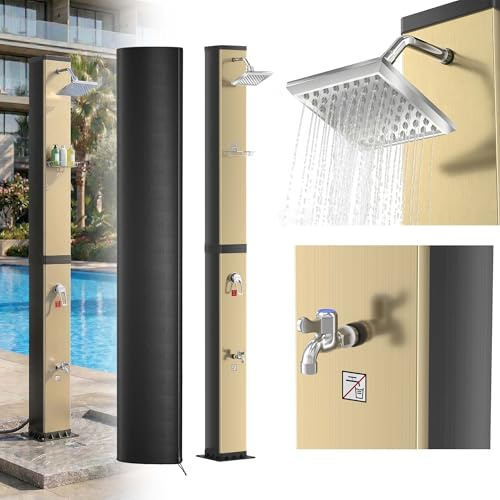XMTECH Ducha solar de 40 litros para jardín hasta 60 °C, color dorado y negro, ducha exterior con cabezal de ducha de lluvia de 360°, ducha de mano, ducha de pies, sin electricidad, para jardín