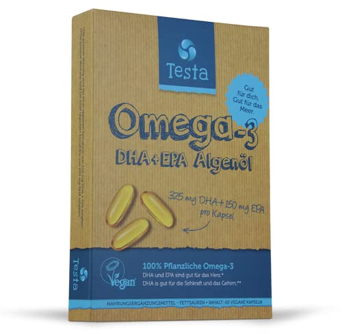Omega 3 Vegan Algenöl – Hochdosiert 300mg DHA + 150mg EPA pro Kapsel - Nur 1 Kapsel pro Tag - Pflanzliches Omega 3 aus Algenöl - 60 Kapseln