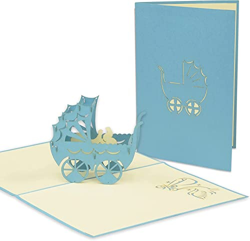 LINPOPUP®, LIN17601, Pop Up Karte, 3D Karte, Grußkarte Glückwunschkarte Geburt Baby Neugeboren Geburtskarte Kinderwagen für einen Jungen, N89