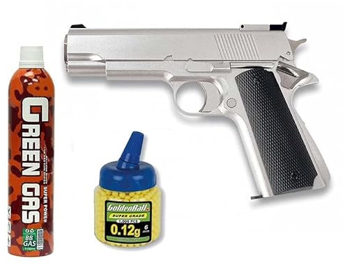 Outletdelocio Pack Pistola Airsoft HFC G16 Plata. Funcionamiento por Gas. Calibre 6mm. + Gas + 1000 Bolas + Funda Portabolas. 18398/21993/23054
