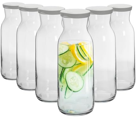 Argon Tableware 6x 1200ml Glass Water Jug - 'Brocca' Range - Juice Carafe Decanter with Silicone Lid for Water, Wine, Iced Tea