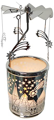 Kingnero Stern Windlicht Karussell, Glas teelichthalter karussell, Drehbar Kerzenatter windmühle Kerze Familie und Freunde (Silberne Sternschnuppe)