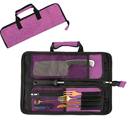 Qchengsan Bolsa Enrollable para Cuchillos de Chef, Bolsa para Cuchillos de Chef Oxford, portátil con 13 Ranuras, multifunción, Soporte para Cuchillos, Cartera, Rollo de Herramientas, Rosa roja, 18