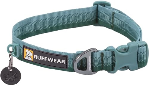 RUFFWEAR Front Range Collar, Large Dog Collar with Aluminium V-Ring, Adjustable Length Pet Dog Collar, Comfortable Soft Fabric, Animal Collar with Dog Lead Attachment Ring, 51-66cm, River Rock Green