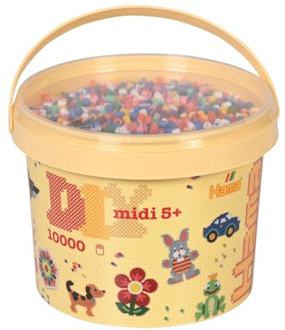 Hama Midi Beads Bucket, Approx.10.000 Fuse Beads, Mosaic Decoration Arts & Craft Kit for Creative Children Ages 5+ Assorted Colours of Beads, Iron/Melty Bead Set