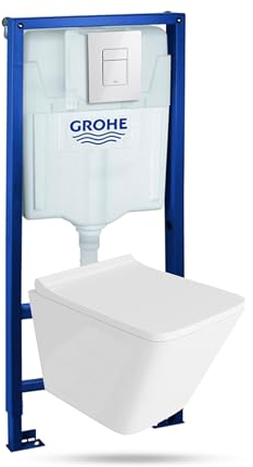 LAVITA Elemento da parete Solido + parete sospesa WC Lago bianco senza bordi + sedile WC SoftClose | pulsante bianco lucido | set completo | cassetta di risciacquo da incasso | WC completo | set