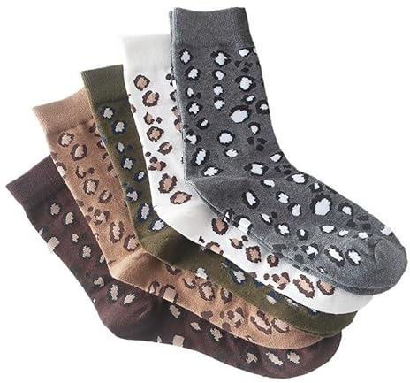 Leopardtryck kvinnors halvlånga strumpor, bomull vadstrumpor, långa benstrumpor, Kaffe, 5pairs