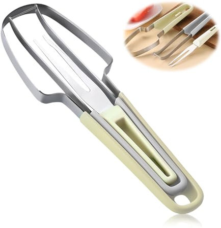 Gdraco 3-in-1 Obstschneider aus Edelstahl Wassermelonen Schneider Wassermelonenschneider aus Edelstahl Melonenschneider Wassermelonen-Fruchtschneidegabel Wassermelone (Grün) (Beige)