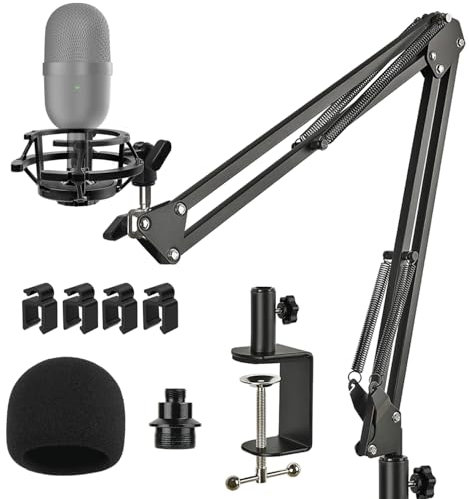 Razer Seiren Mini Mic Stand Suspension Scissor Boom Arm with Pop Filter Foam Windscreen, Shock Mount, Upgraded Heavy Duty Clamp for Razer Seiren Mini USB Streaming Microphone Frgyee