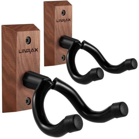 LINRAX GH1 Soporte de Pared para Guitarra, 2 Unidades, Gancho de Guitarra de Nogal Negro, Colgador para Guitarra Acústica Guitarra Eléctrica Bajo Banjo Mandolina, Colgador de Pared para Guitarra