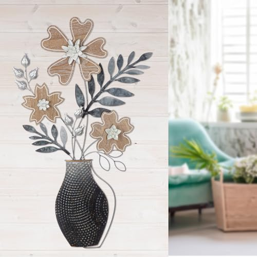 Casablanca Väggrelief blombukett av metall, antracitfärg/mörkblå/vit, strukturerad, blommotiv, blad/blomma, 78 x 44 cm, väggdekoration konst dekoration hemtillbehör