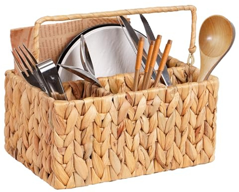 Waccenfeer Hand-Woven Wicker Flatware Organizer - Water Hyacinth Cutlery Holder for Countertop with Handle,Utensil Holder for Table, Kitchen (Natural Water Hyacinth)