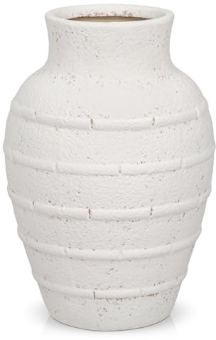 Hollyone Rustic Ceramic Flower Vase,22CM White Vintage Plant Vase for Home Decor,Indoor Boho Vases for Farmhouse Living Room Table Office Shelf Decoration