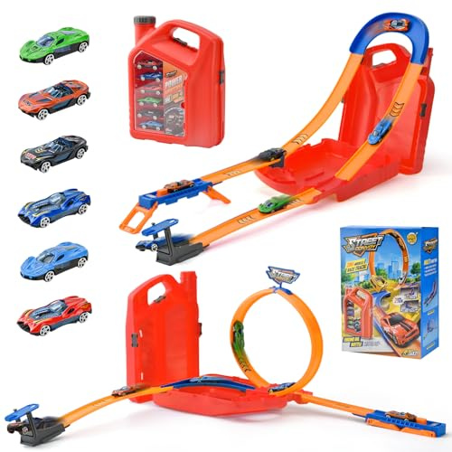 LTFIOON Pista Macchinine 2 in 1, Circuito per Bambini con 6 Auto, Piste Macchinine per Bambini, Anello e Binari a U, Set per Costruire Piste, Giocattolo Piste da Corsa per Ragazzi 3-8 Anni (Rosso)