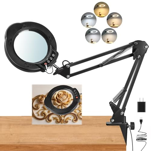 12X Magnifying Glass with Light and Stand, Upgrade Real Glass magnifying lamp, 5 Color Modes Stepless Dimmable, 84LEDs Desk Lamp, Hands Free for Close Work, Reading Crafts, Painting, Sewing, soldering
