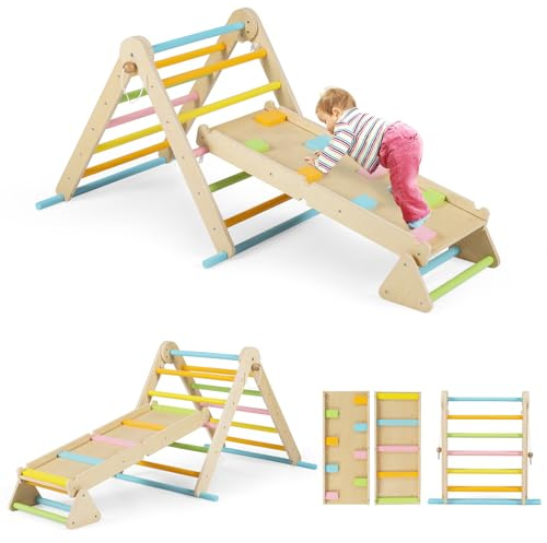Maxmass 3 in 1 Kids Climbing Frame, Wooden Children Climbing Set with Double Sided Ramp, Indoor Montessori Climber Toys for 3+ Years Old Boys Girls (Colorful)