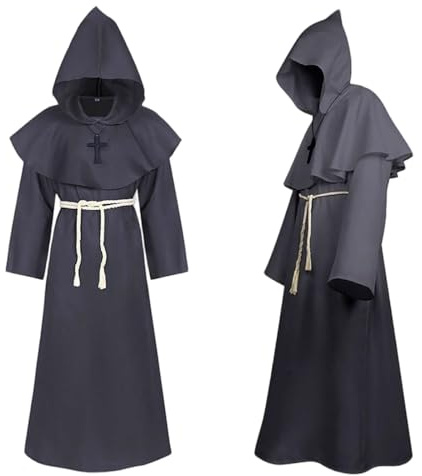 KOMEIYL Disfraz de Monje, Medieval Disfraz de Monje Sacerdote, Túnica Monje Disfraz con Capucha, Halloween Renacimiento Traje Fraile con Cruz y Cuerda, Aplica Disfraces Festival Halloween (XL1)