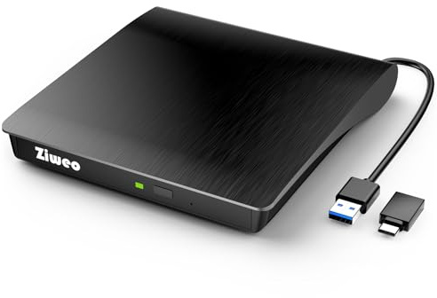 Ziweo External DVD Drive USB 3.0 Type-C CD Burner Portable CD +/-RW Drive DVD Player for ROM Rewriter Burner Compatible with Laptop Desktop PC Windows MacBook Linux Mac OS