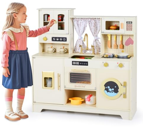 COSTWAY Cuisine Enfant en Bois avec Machine à Café et Distributeur de Glace, Jeu de Cuisine avec Évier et Robinet, Four, Machine à Laver, 14 Accessoires, Étagères, Jeu d'Imitation pour 3 Ans+
