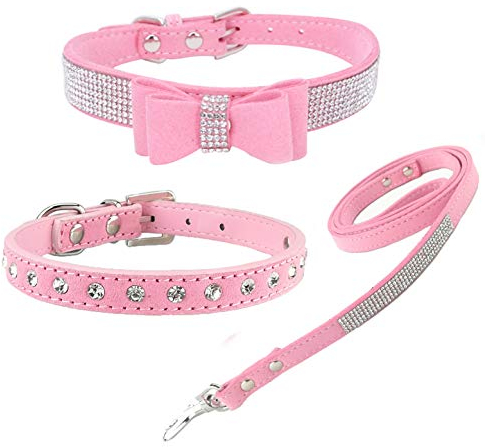 Newtensina 3 Stück stilvolle Hundehalsband und Leine Set süße weiche Wildleder Bling Hundehalsband mit Fliege Welpen Halsband und Leine für kleine Hunde Katzen - Pink - XS