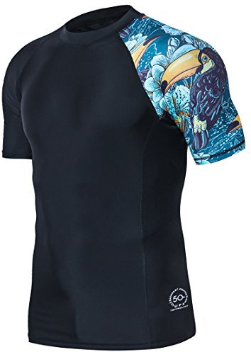 HUGE SPORTS Men's Splice Sun Protection Rash Guard Short Sleeves(HeyToucan,M)