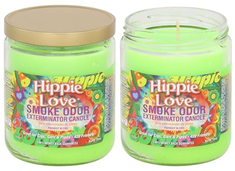 Smoke Odor Exterminator 13 oz Jar Candles Hippie Love, (2) Set of Two Candles.