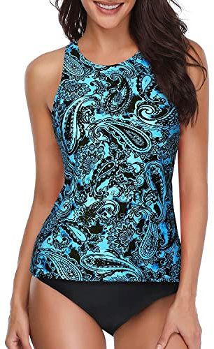 Holipick Maillot de bain tankini deux pièces pour femme - Contrôle du ventre - Haut de bain dos nu avec short, Motif cachemire bleu, Taille M
