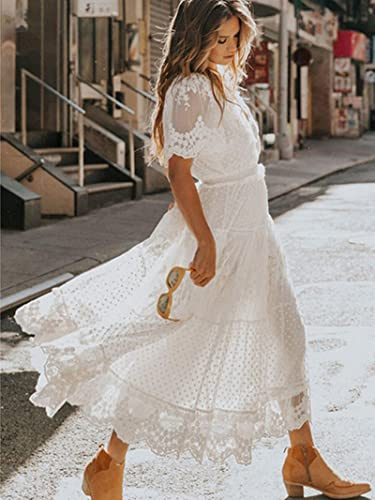 Évider Robe Blanche Sexy Femmes Dentelle Robe Longue Croix Semi-Transparente Plongeant Col V Manches Courtes Dentelle Maxi Robe-Blanc,XL