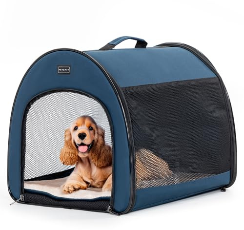 PETSFIT Collapsible Dog Crate, Dog Travel Crate - 26.5 Inch Lightweight, Roomy, Easy to Set Up, Portable Pop Up Dog Carrier with Thick Mat, Sturdy Soft Sided Dog Crate, Navy Blue