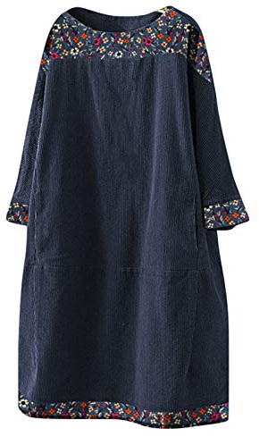 AMDOLE Robe Hiver Femmes Femmes vêtements Ethniques Poches Patchwork Vintage Vintage à Manches Longues imprimé Corduroy Robe de Femme Robes pour Femmes Printemps Fluide