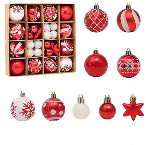 RUIYWEN 42 Pezzi Palle di Natale in Plastica 3cm 6cm Ornamenti Decorativi per Albero di Natale Ghirlanda Festa Decorata (Rosso e Bianco)
