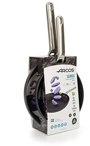 Arcos Serie Samoa | Lote de Sartenes 20 y 24 cm | Aluminio Forjado | Full Induction | Mango Acero Inoxidable Efecto Frio | Sistema ahorro energético | Apta lavavajillas | Color Negro