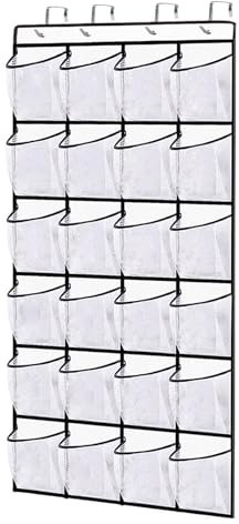 Mualady Over the Door Organizer, Hanging Rack With 24 Pockets and 4 Hooks, Shoe Storage Shelf - White Holder for Bedroom