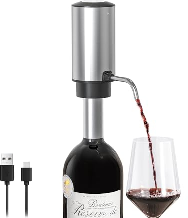 ELMWAY Electric Wine Aerator & Pourer – Rechargeable Stainless Steel Dispenser, Enhances Flavor & Aroma with Smooth Pouring, for Home, Parties & as a Gift for Wine Lovers – Silver