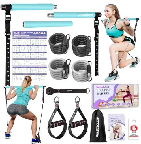 Pilates Stange, Pilates Bar Set mit 2 Paar Widerstandsbänder(25/30Lbs), Metall-Einstellung Schnalle & Ausbildung Poster, Pilates Skulptur Fitness Stange for Home Gym Workout Equipment(Frauen)