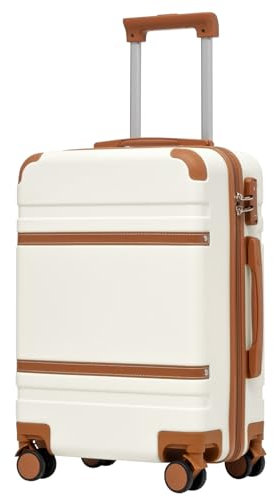 COOLIFE Koffer, Reisekoffer mit TSA-Schloss Teleskopgriff und 4 Zwillingsrollen, Rollkoffer für Reisen und Geschäftsreisen (Weiß/Braun, Handgepäck)