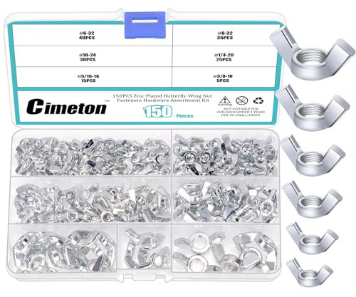 Cimeton 150PCS Wing Nuts Assortment Kits 3/8 5/16 1/4 #6#8#10 Galvanized Butterfly Nut Sliver Wing Nuts Fasteners Wingnuts Hand Twist Tighten Ear for Home Building Industry