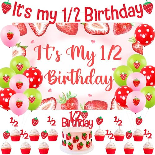 Cheereveal Strawberry Half Birthday Party Decorations, It’s My 1/2 Birthday Banner Backdrop Cake Cupcake Toppers, Red Pink Balloons, Fruit Theme 6 Months Birthday Party Supplies