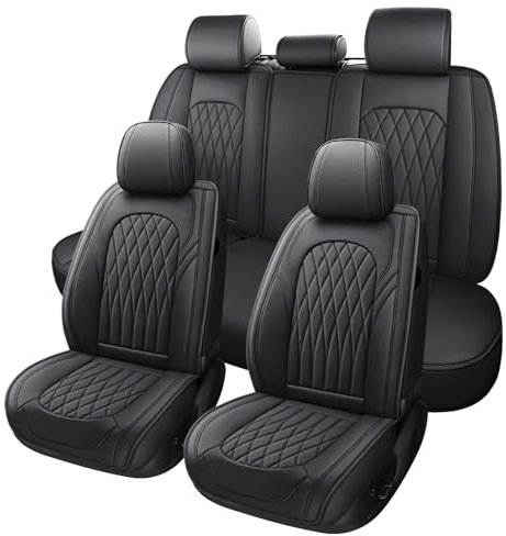 WELLDO Car Seat Covers Full Set, Leather Seat Covers for Cars, Car Seat Protector Waterproof, Non-Slip Car Interior Covers Full Set Universal Automotive Seat Covers for Most Cars SUVs, Black