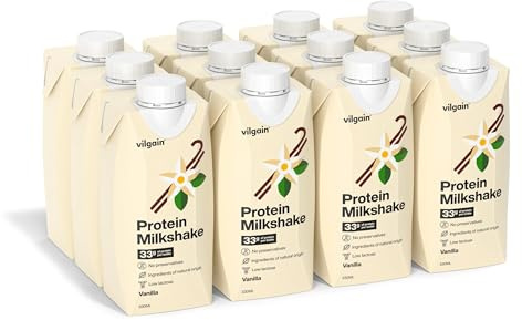 Vilgain Frappè proteico, 33 g di proteine per porzione, Basso lattosio, frullato di proteine del latte, Senza additivi artificiali, Dolcificato con stevia (12x330ml) (12x330, Vaniglia)