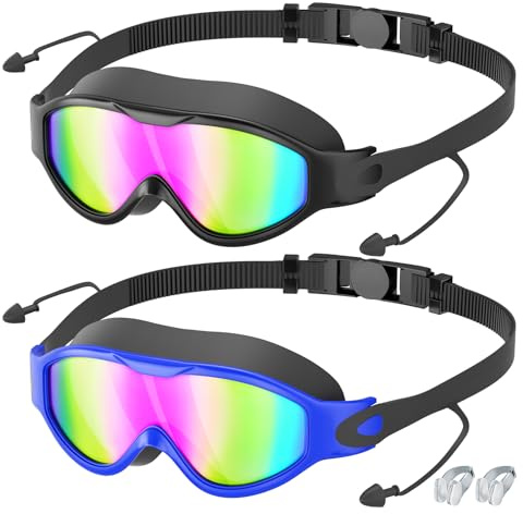 Estefanlo Simglasögon för män och kvinnor, 2 stycken simglasögon för vuxna tonåringar, dykglasögon för vuxna för imskydd, vision, UV-skydd, dykglasögon med öronproppar och breda glas