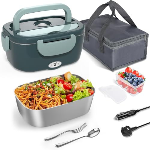 Elektrische Lunchbox, 80W Beheizte Lunchbox Tragbare Thermo wärmebox, 1.5L Herausnehmbare Edelstahl-Brotdose Food Warmer Warmhaltebox 12V/24V/220V für Arbeit Auto Lkw Büro Haus mit Gabel & Löffel