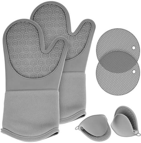 QWORK® Set da 6 guanti da forno in silicone, 1 paio di guanti da forno, 2 presine e 2 mini guanti da forno, per barbecue, cottura al forno, microonde, grigio