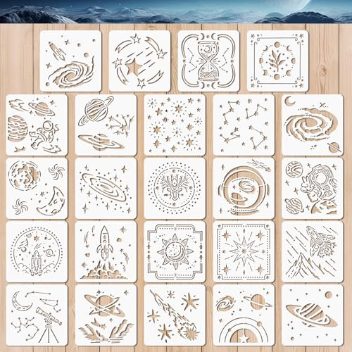 24 Stück Malerei Schablonen, Weltraum Universum Schablone, Kinder Kreatives Zeichenschablonen Kunststoff Wiederverwendbar, Schablonen Set für DIY Handwerk Malen auf Holz, Stein, Papier, Stoff, Wand