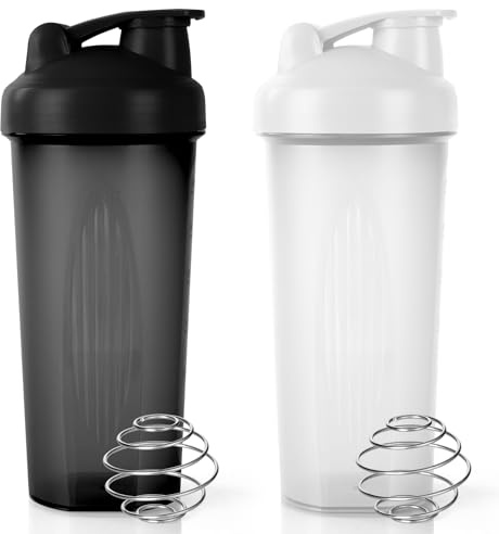 ACWOO Protein Shaker, 600ml Eiweiß Shaker, Proteinshaker mit Messskala & Kugel- BPA Frei, auslaufsicher, Langlebiger, Geruchsneutraler Shake Becher, Shaker für cremige Whey Proteinpulver（Schwarz+Weiß）