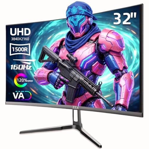 ZZA - 32 Inch Curved Gaming Monitor, 4K UHD Display (3840 x 2160) VA, 1500R Immersion, 144Hz / 160Hz Refresh Rate, Advanced Computer Display, AMD Support