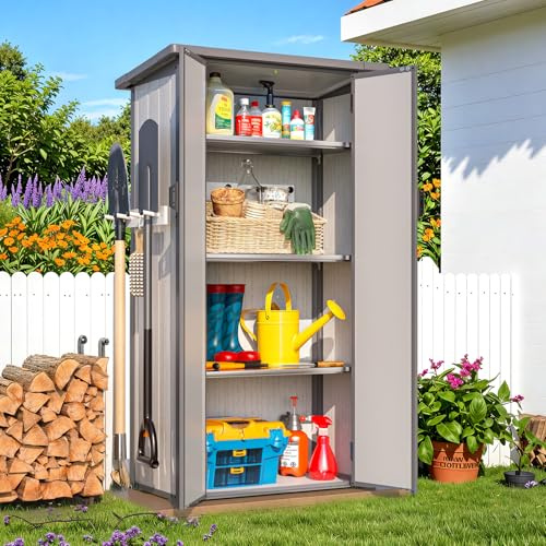 UNIONLINE Outdoor Tall Garden Storage Cabinet Shed with 4 Adjustable Shelves - Weatherproof Plastic Cupboard for Garage & Patio - Grey