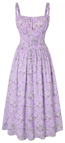 SCARLET DARKNESS Summer Dresses for Women UK Casual Floral Beach Sundress Sleeveless Spaghetti Strap Victorian Milkmaid Corset Dress Light Purple Floral S
