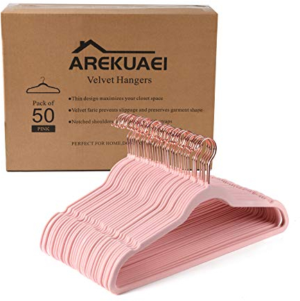 Arekuaei Rosafarbene Samt-Kleiderbügel, strapazierfähig, rutschfest, platzsparende Kleiderbügel, Kupfer/Roségold, 50 Stück