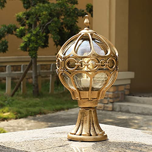 Mengjay Trade Outdoor lamp, Pedestal lamp in Antique Look, cast Aluminum in Black / Gold with Clear Glass panes, Retro / Vintage Garden lamp, 1-Flame Outdoor lamp, E27 IP44. (Gold)